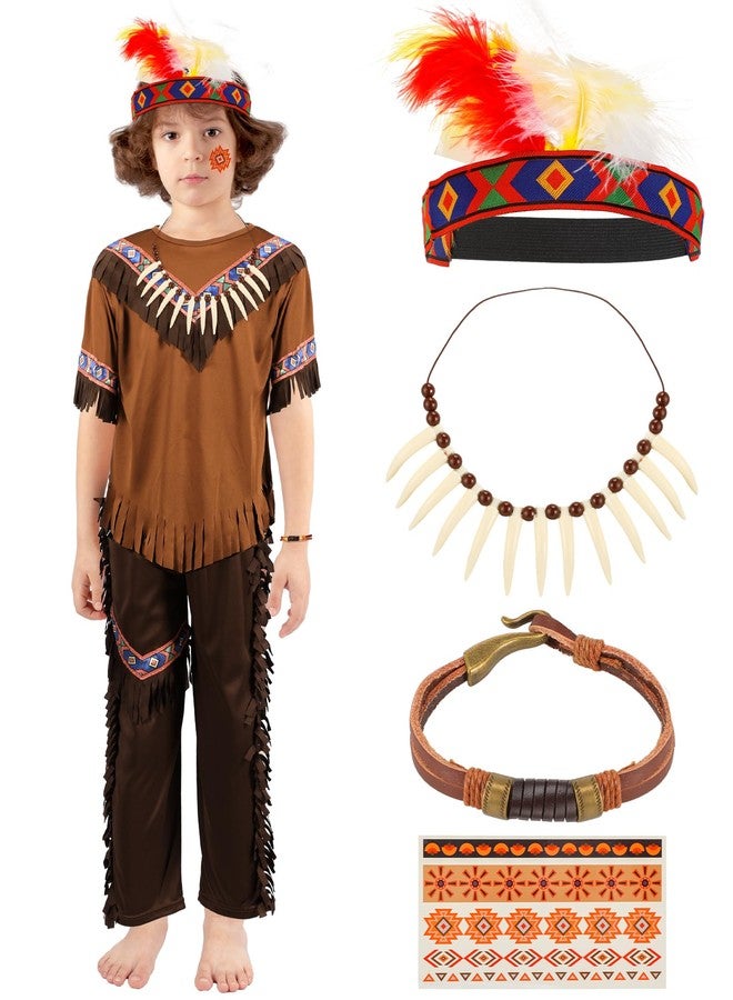 Liitrsh 6 Pcs Halloween Boys Native American Costume Sets Kids Indian Dress Up Costume Outfits Fancy Party Cosplay(Medium) - Image 1